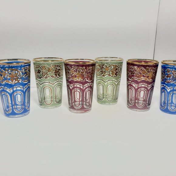Set of 6 Vintage Moroccan Tea Glasses – Red, Green & Blue with Gold Gilding - Picture 3 of 11